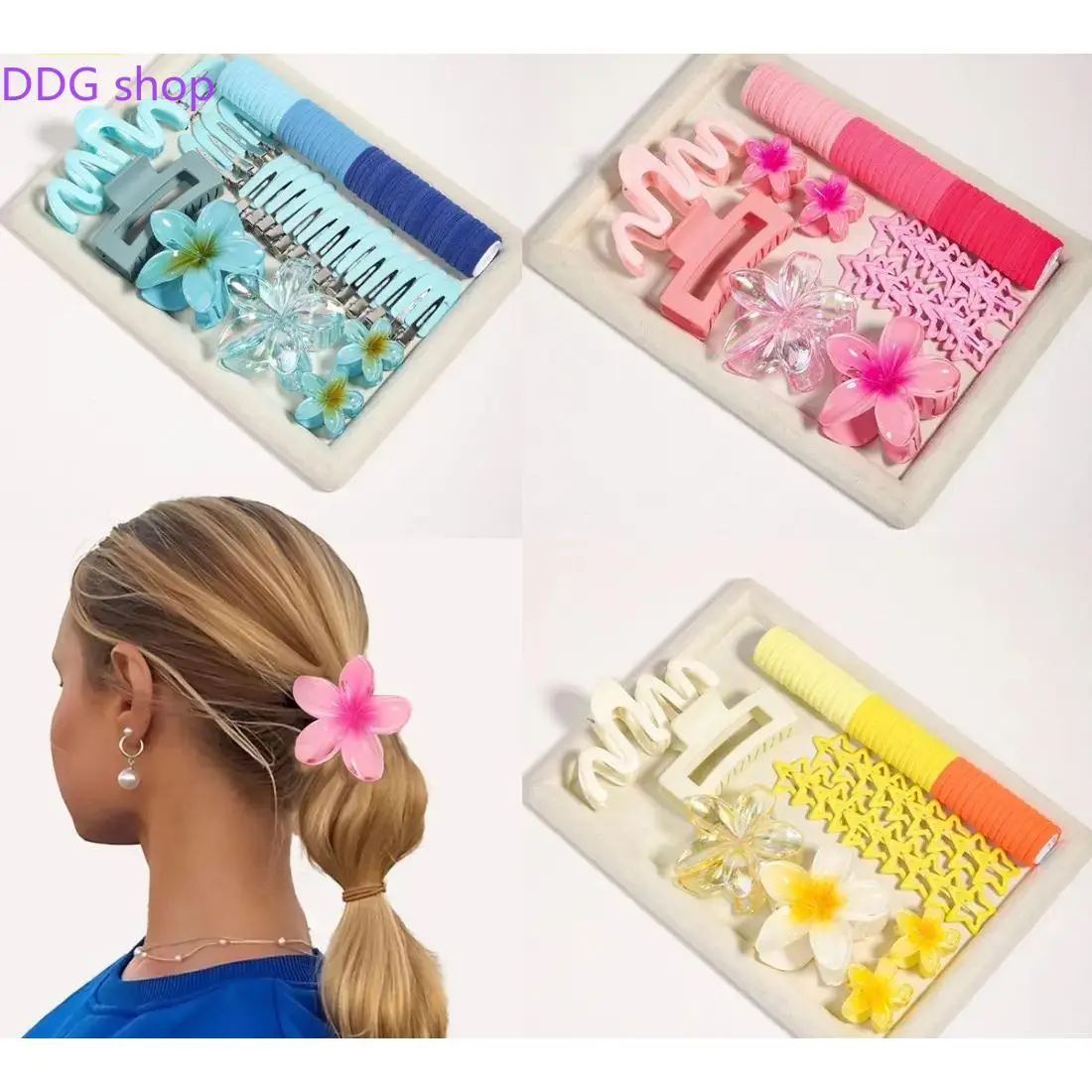 76Pcs Dopamine Flower Hair Tools Set - Colorful Aesthetic Claw Clips, Elastic Rubber Bands, Floral Hair Ties, Trendy Hairstyle Kit for Girls, Summer Vacation Bulk Value Gift