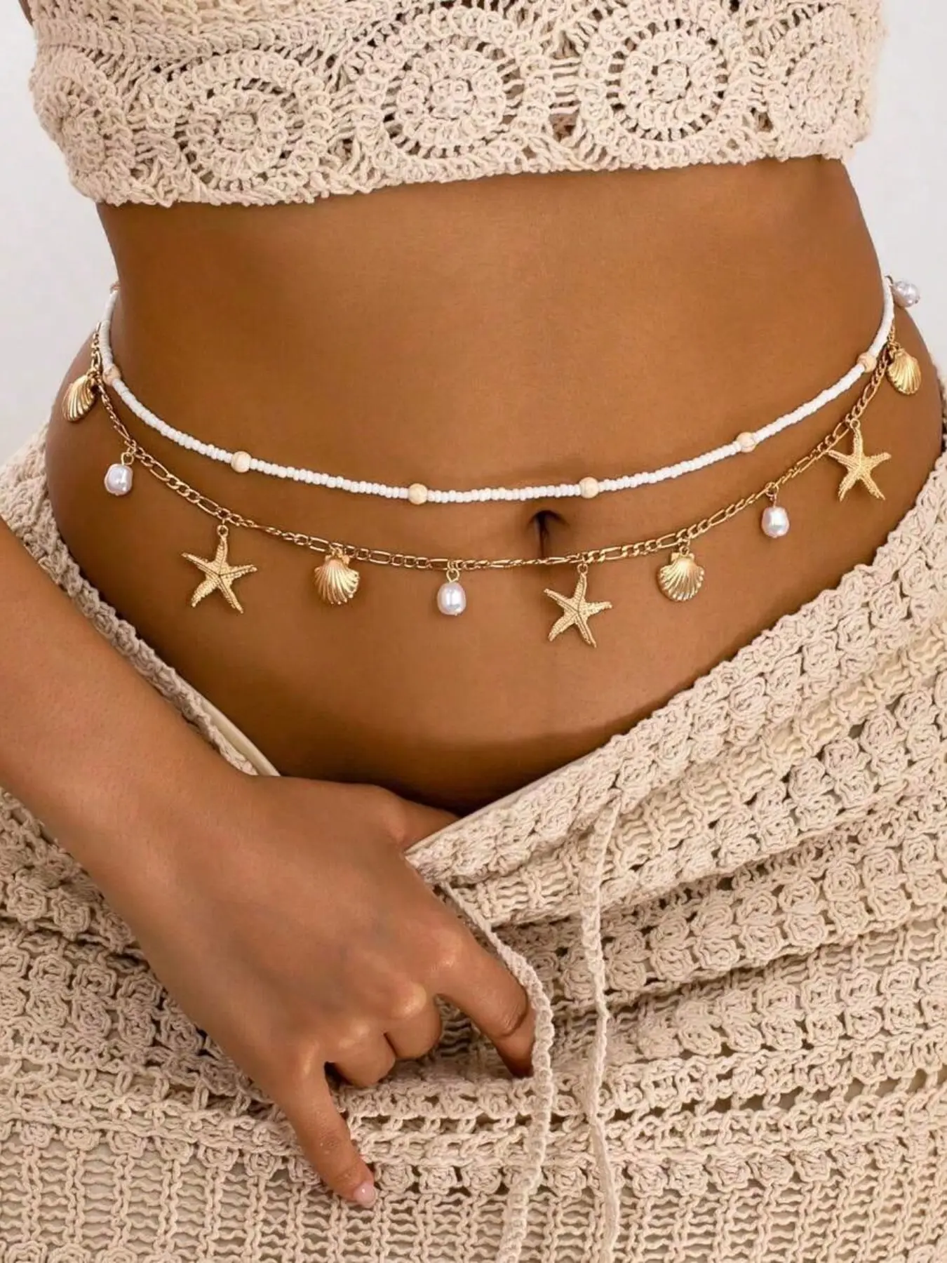 Boho Beach Waist Chain for Women, Waist Beads, Shell & Starfish Charm Layered Belly Chain, Ocean Style Beaded Fashion Body Jewellery, Summer Bikini Accessory