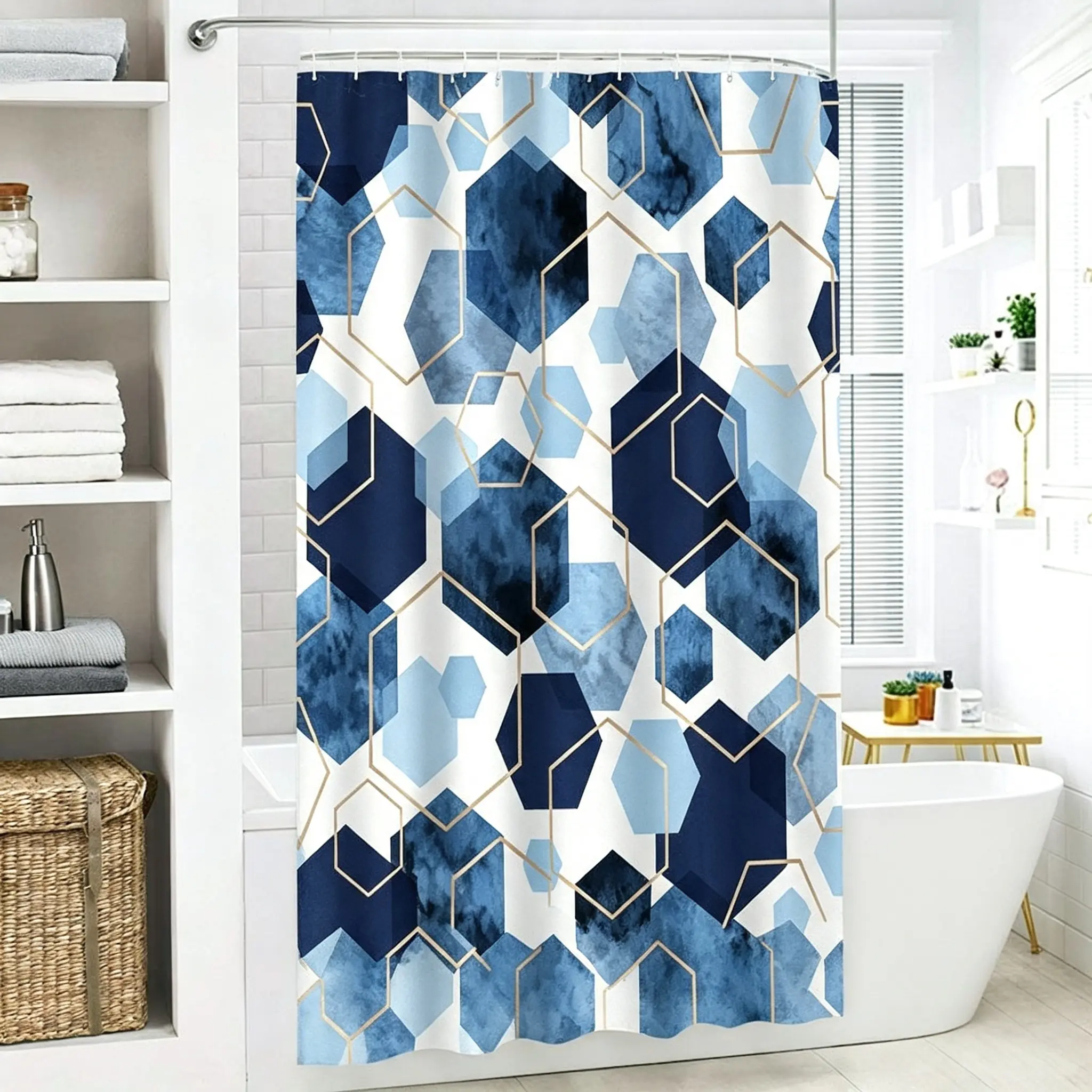 Navy Blue Geometric Shower Curtain (70.8x70.8in) - Waterproof, Machine Washable, Non-Transparent, Modern Hexagon Gold Accent Bathroom Decor with Rust-Proof C-Hooks