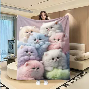 Cute Cat Digital Print Flannel Blanket, Thanksgiving Valentine Christmas Gift, Holiday Gift Throw Blanket, Wall Hanging Sofa Bed Cover