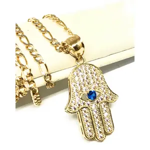 10k Solid Gold Hamsa Hand Pendant CZ Necklace Figaro Chain (SM, MED)