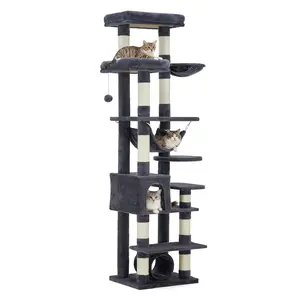 Modern Multi-Level Cat Tree Tower for Large Indoor Cats – 66-74 Inch Sturdy Cat Condo with Wood Platforms, Hammock, Tunnel, Perches, Basket & Sisal Scratching Posts – Soft Cat Furniture, Light Gray
