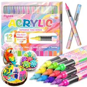 12 Colors Acrylic Paint Markers,Vibrant Color,Soft Brush Tip Water Based, Fine Tip Markers for Wood, Canvas, Rock Painting, Glass, Diy Crafts, Fabric Paint, Art supplies