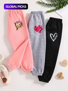 girl's letter & heart print elastic waist sweatpants, casual comfy trousers for fall & winter, girly clothing, kids bottoms for daily wear, girl clothes