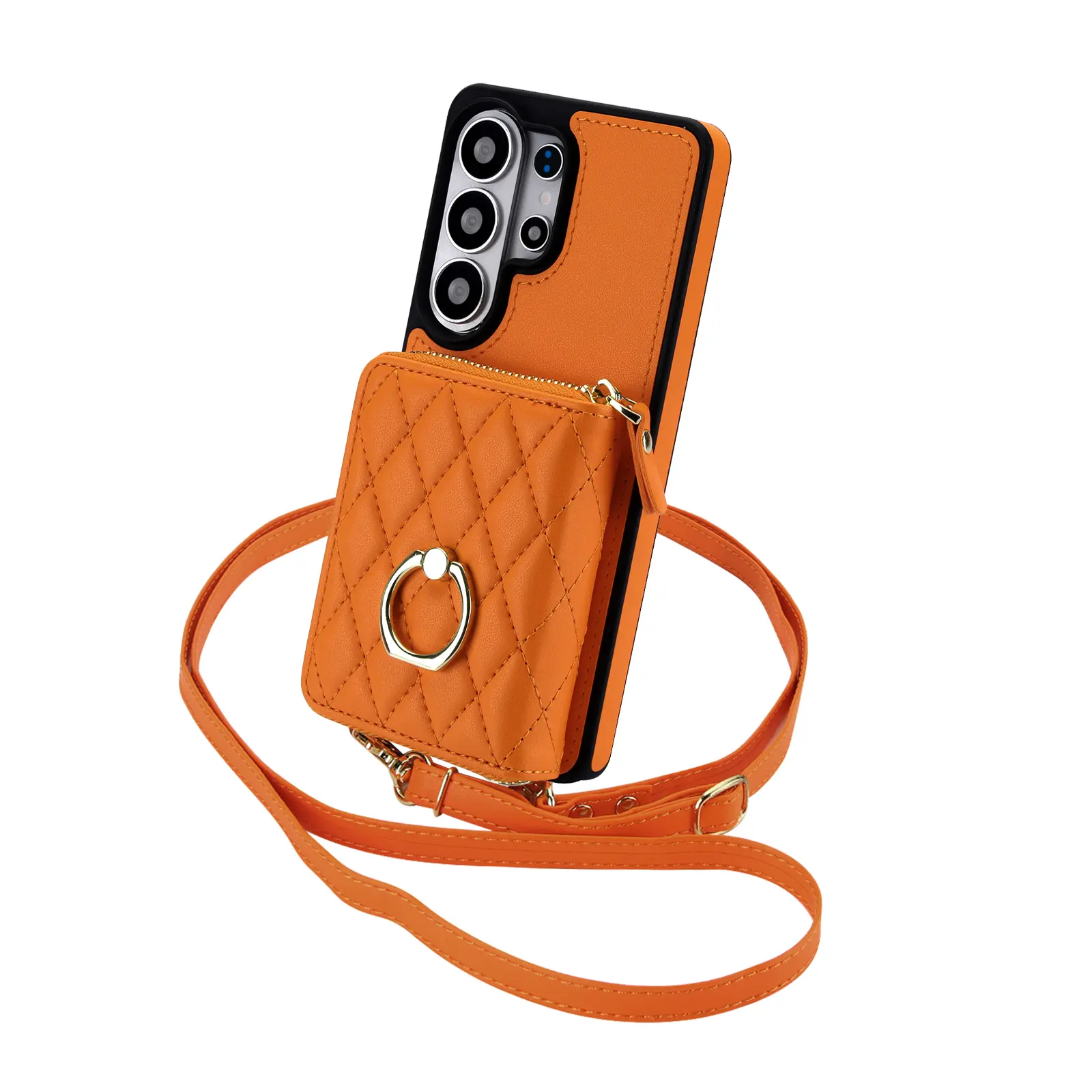 Luxury Diamond-Quilted Leather RFID Blocking Wallet Phone Case for Samsung S/A Series - 360° Rotatable Metal Ring Kickstand, Detachable Adjustable Crossbody Lanyard&Wrist Strap, Anti-Scratch Shockproof Safety Accessories Card Holder Purse