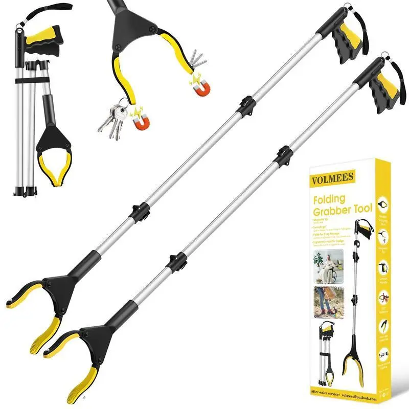 1pcs 44 Inches Extra Long Grabber Tool-Volmees Grabbers Grab it Reaching Tool with Anti-Drop Cord, 4" Wide Claw Open Reacher Trash Grabber Pickup Tool 360° Rotating Jaw +Magnets, Heavy Duty Foldable Grabber