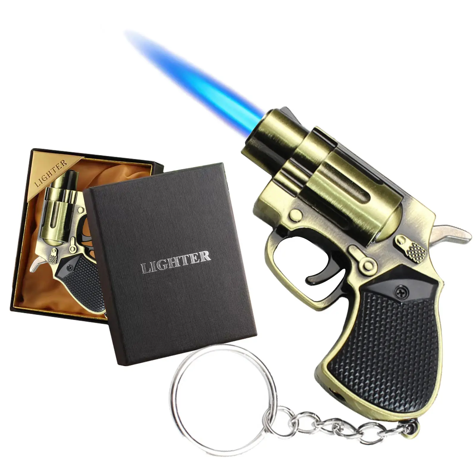 cigarette lighter gun revolver Cool Gun Shape Jet Flame Torch Lighter Windproof Adjustable Flame  Refillable Butane for Cigar Gifts Outdoor (Without Butane Gas)
