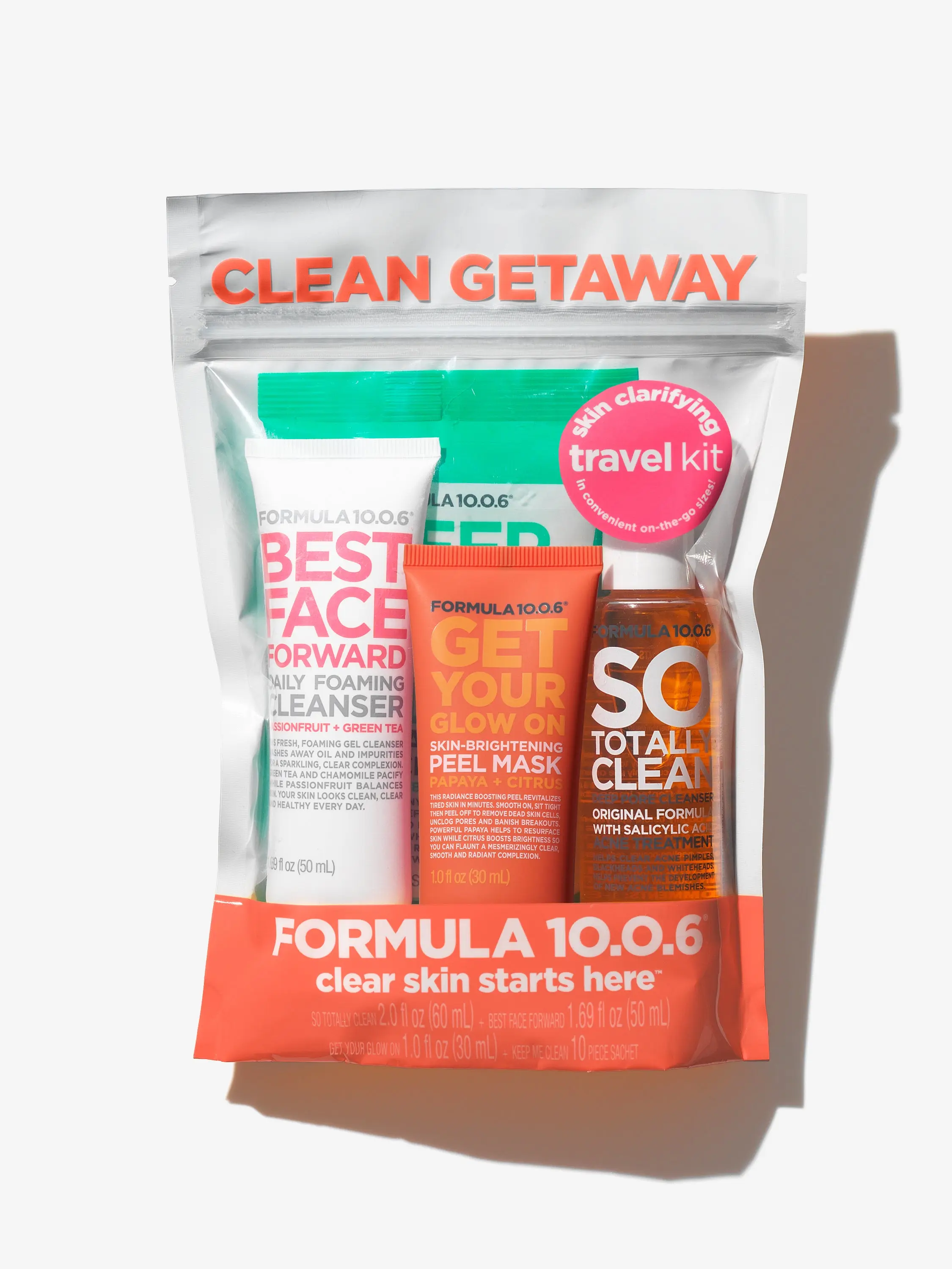 FORMULA 10.0.6 Clean Getaway Skin Clarifying Travel Kit includes Get Your Glow On Peel Mask, Best Face Forward Daily Cleanser, Keep Me Clean Facial Wipes and So Totally Clean original formula