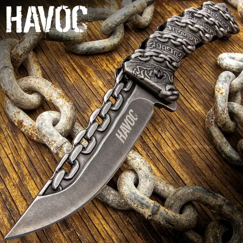 Havoc Chain Link Pocket Knife - 3.5" Stonewashed Stainless Steel Blade, Spring Assist Open, Pocket Clip, Compact Camping Hiking Gear, Ideal for Peeling & Whittling, Fishing Tool | Stainless Steel Knives