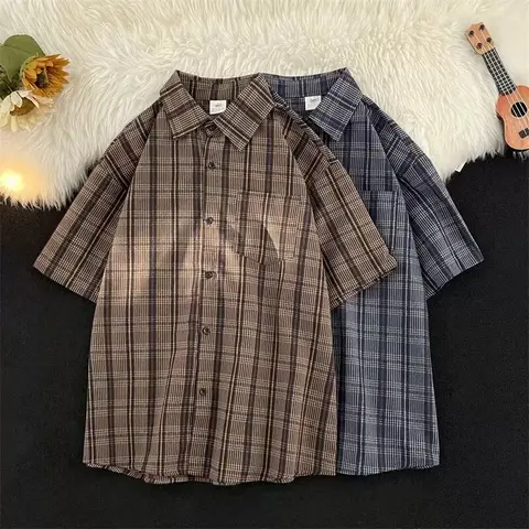 Men's Japan Vintage Plaid Half-Sleeve Collared Neck Button Shirt - Casual Comfy Menswear Top, Loose Fit, Japan-Inspired Street Vibe, Y2k Harajuku Outerwear