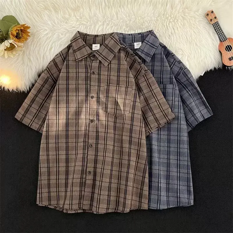 Men's Japan Vintage Plaid Half-Sleeve Collared Neck Button Shirt - Casual Comfy Menswear Top, Loose Fit, Japan-Inspired Street Vibe, Y2k Harajuku Outerwear