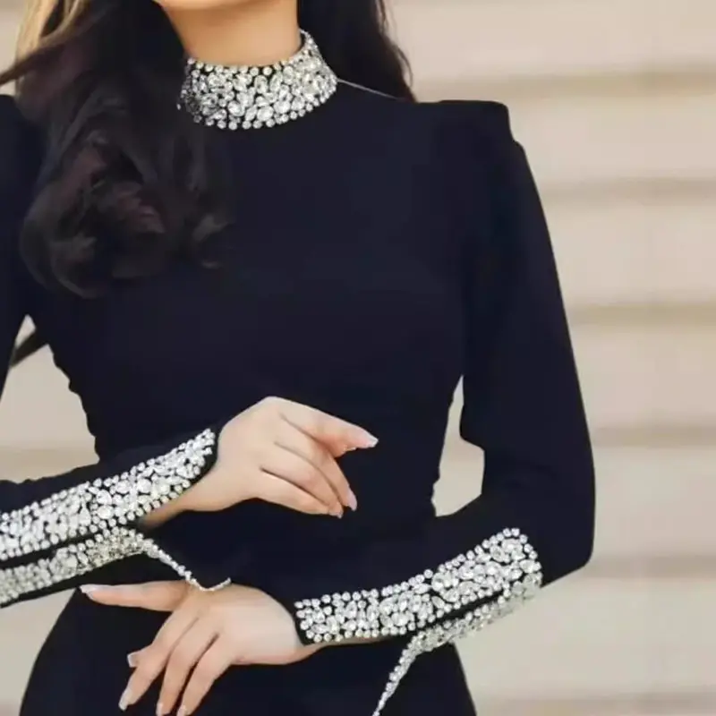 Women's Polyester-Poly Spandex Modest Formal Evening Maxi Gown - Long-Sleeve High Neck, Beaded Ruffles, Cocktail-Party Glam Luxury Formal Dress for Prom, Anniversary, Luxury Formal Dresses