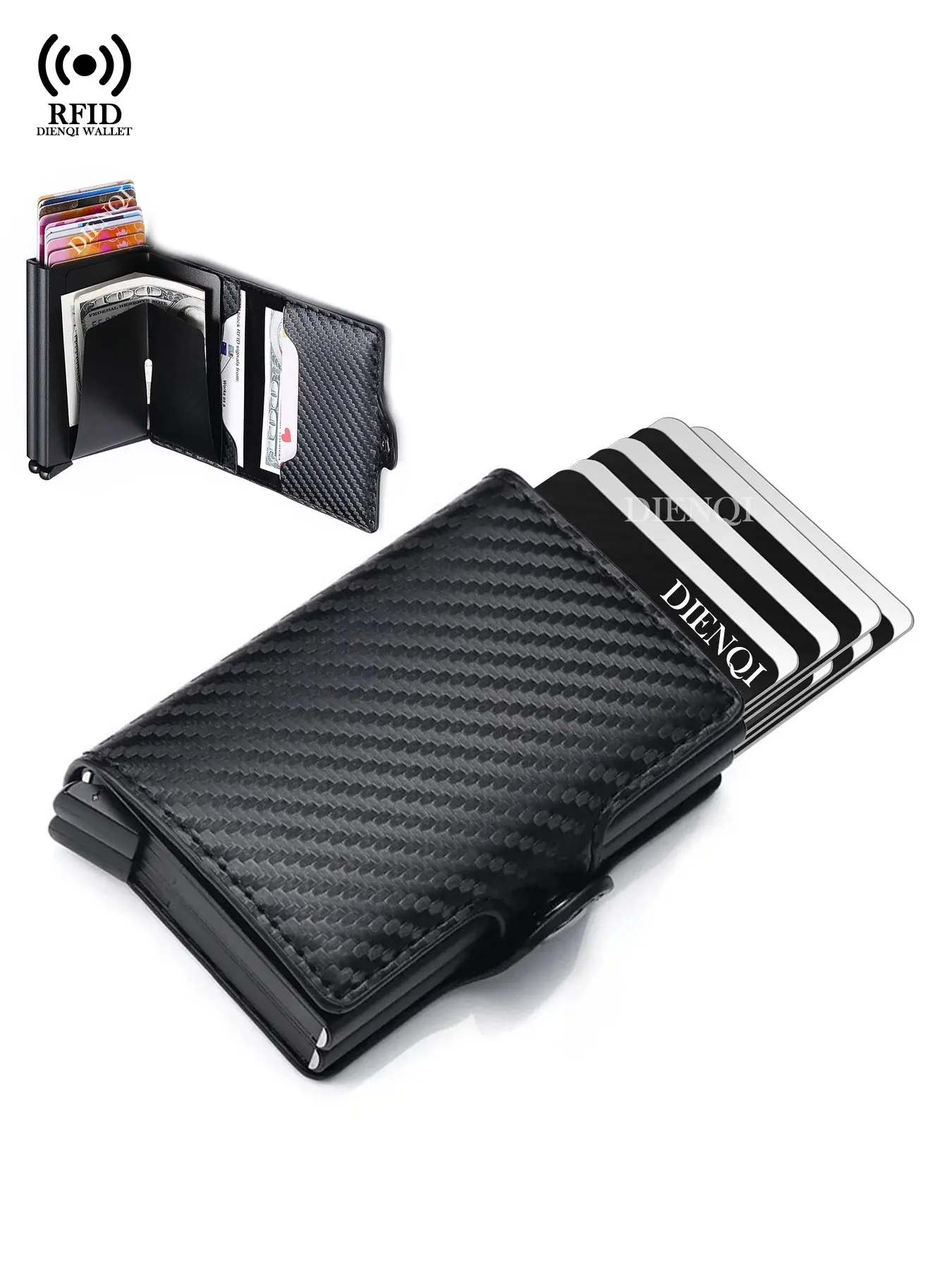 Rfid Men Credit Card Holder Wallets Luxury Carbon Fiber Slim Mini Wallet, 14 Card Slots,  Double Metal Card Case, Bank Cardholder Money Bag Male Purses, Rfid Protected Wallet
