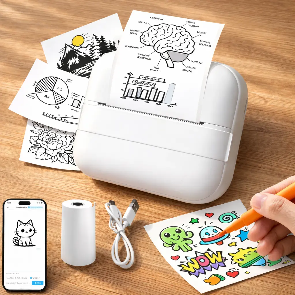 Portable Thermal Printer, USB Rechargeable WirelessPrinter with DIY Random Stickers Included,  one Roll of Thermal Paper, Suitable for Home, Office,and School Pocket Printer photo printer