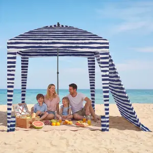 Gianna 7.1' x 7.1' Beach Canopy Tent with Side Wall, Easy Setup Sun Shade with Sand Pockets, Coral Tropical, Drak Blue/ Light Blue/ Starfish Shell