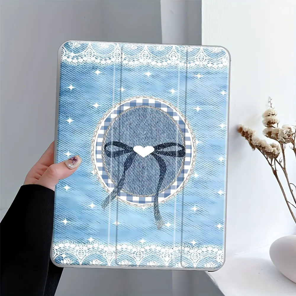 Sweet Y2K Blue Bow Pattern iPad Case Transparent Acrylic Hard Back Panel With Pencil Slot,Suitable for Ipad mini pro air.Scratch-resistant Ultra-thin Protective Case, Shock-resistant Full Cover Protective Case Suitable for Offices Schools and Homes