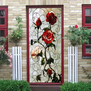 2pcs Stained Glass Style Rose Wall Stickers for Home Decor Self Adhesive Removable Vinyl Decals for Living Room Bedroom Door Window Glass Art Decorations Red and Pink Flower Design Peel and Stick Mu