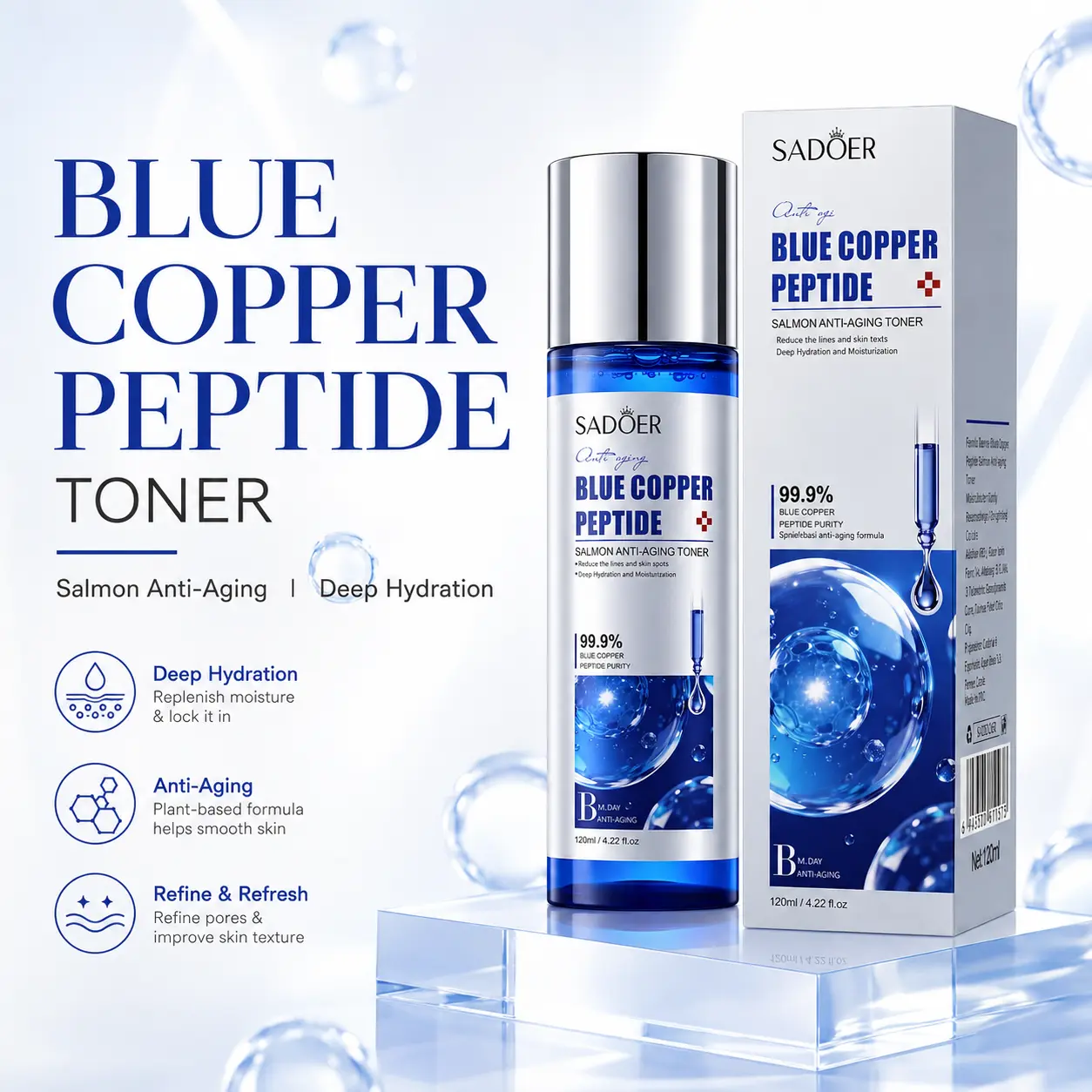 GHK-Cu Copper Peptide Facial Toner, Hydrating Facial Skin Prep with Watery Lightweight Texture, Non-Sticky Fast-Absorbing Finish, Moisture Care for Fresh and Smoother-Looking Skin, Morning and Night Face Care, 120ml / 4.22 fl oz