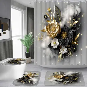 1/4 piece matte black gold floral pattern shower curtain set, waterproof shower curtain with 12 hooks, non-slip bathroom carpet, toilet U-shaped cushion, toilet seat cover cushion, bathroom shower curtain set, perfect moving gift.