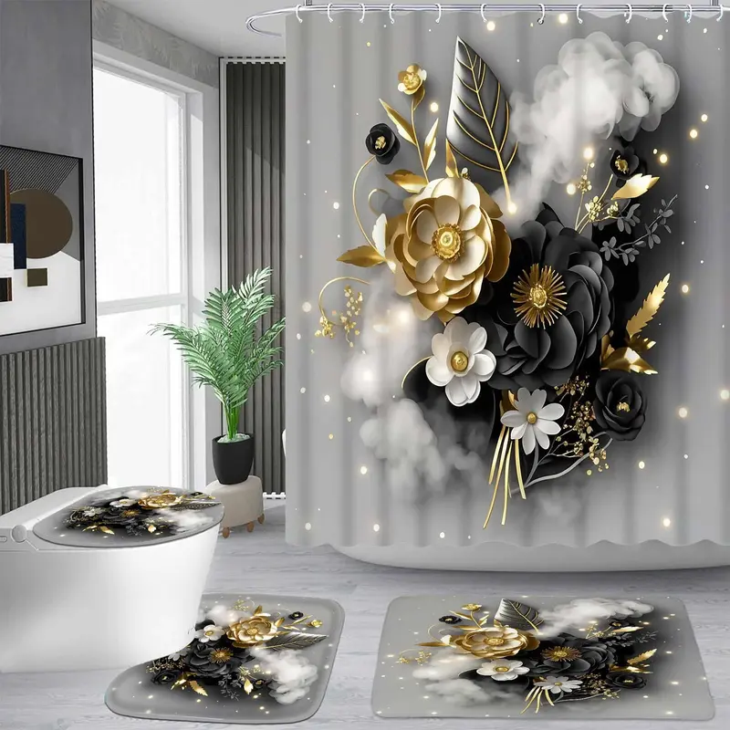 Matte Black-Gold 3D High-Definition Floral & Geometric Polyester Shower Curtain Set with 12 Hooks, Waterproof Bathroom Decor Kit Including Non-Slip Carpet, Adjustable U-Shape Toilet Mat, Seat Cover, Ideal for Decoration & Moving Gift