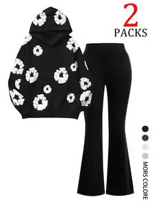 Women's Fall Winter Floral Hoodie & Yoga Pants Set, Casual Loose-Fitting, Perfect for Daily Wear, Travel, Camping, School, Street Style, Hoodie Sweatsuit Set, Loose Casual Athleisure