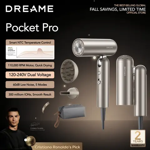【Limited-Time Deal】Dreame Pocket Pro Hair Dryer, Pocket 2026,Dual Voltage Travel Blow Dryer with Diffuser, 1300W Professional HighSpeed Ionic Hair Blower, Fast Drying, Low Noise, Lightweight, No Heat Damage, Global Travel 120V/240V