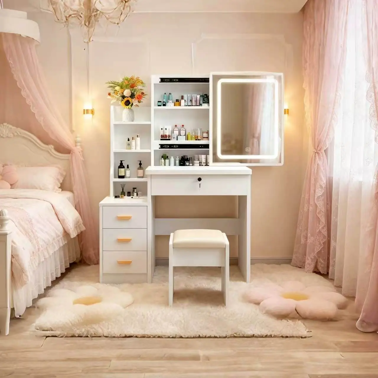 Lighted Mirror Makeup Vanity Desk, White Dressing Table with Drawers, 3 Shelves and Chair, Large Capacity Storage Organizer for Bedroom light