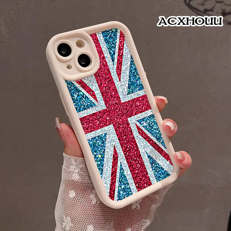 iPhone 17, 16 E Pro Max, 15 Plus, 14, 13, 12, 11, XS, XR Smartphone Case - Aesthetic Glitter Union Jack Art TPU Cover, Rugged, Durable, Drop-Proof, Shockproof, Anti-Scratch Casing Protection Accessory