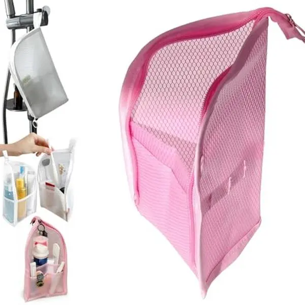 Standing Toiletry Bag for Women 8.7*5.1*5.1 in Portable Lightweight Travel EVA Mesh Large Capacity Waterproof Cosmetic Organizer for Toothbrush Toothpaste Makeup in Pink, Bag Toiletry Bags, Compact Travel Set Toiletry Bags