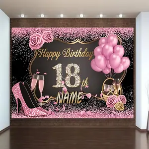 [Party Backdrop] 1pc Name Text Exclusive Personalized Customization, Pink Glamour Theme Party Background, Happy Birthday 18Th Design, for Family Party Events, Wedding, Birthday Party, Coming-Of-Age Ceremony, Christmas, Thanksgiving, Four Seasons