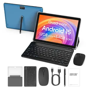 10-inch Android 15 tablet, equipped with quad-core CPU, 12GB (3g+9g) RAM+64GB ROM storage. Dual cameras, equipped with keyboard and protective case, stylus