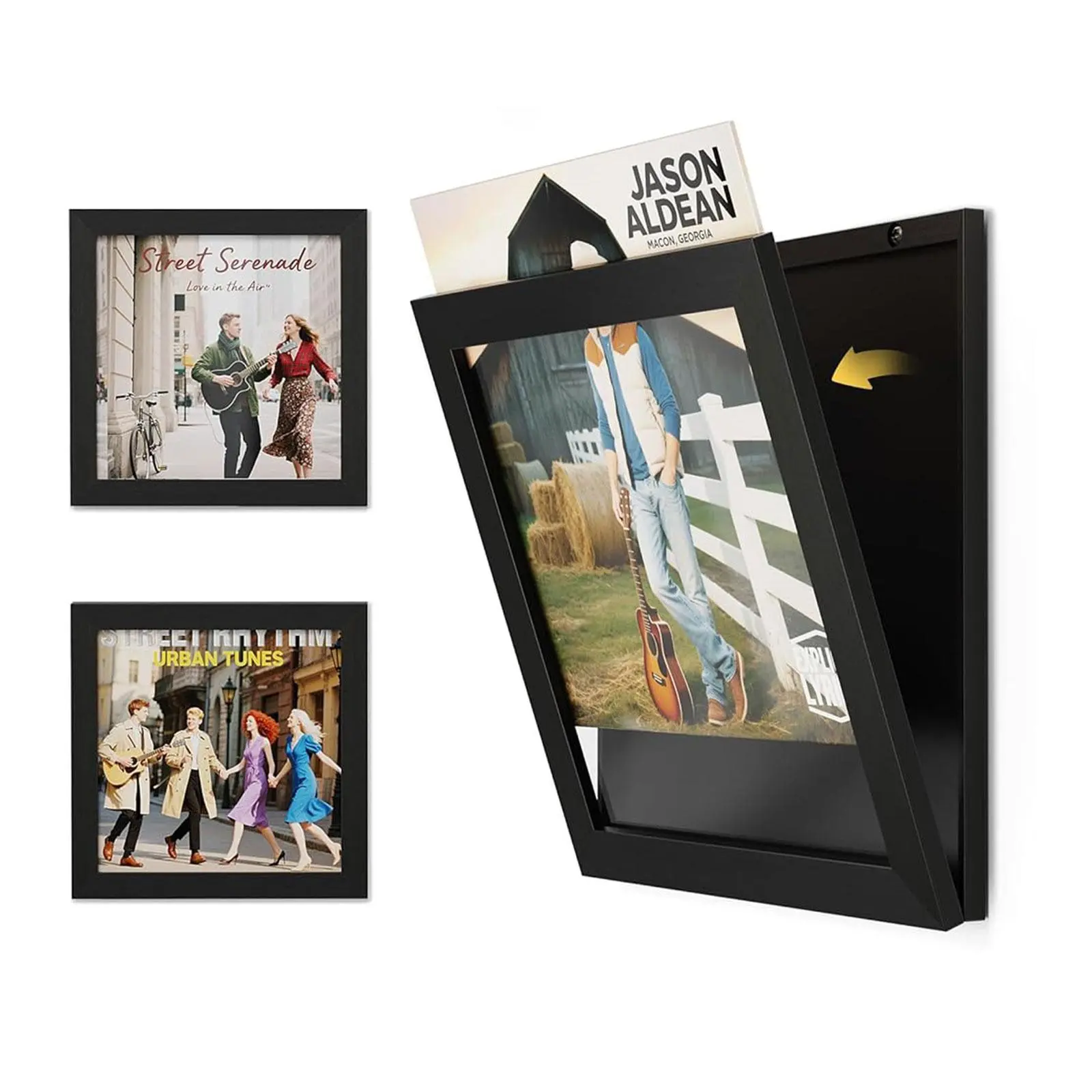 Emfogo Vinyl Record Frame Set of 2, Wall Mount Album Cover Display Frame for 12x12 Inch LP Records, Front Opening Wood Frame with UV-Resistant Cover, Black