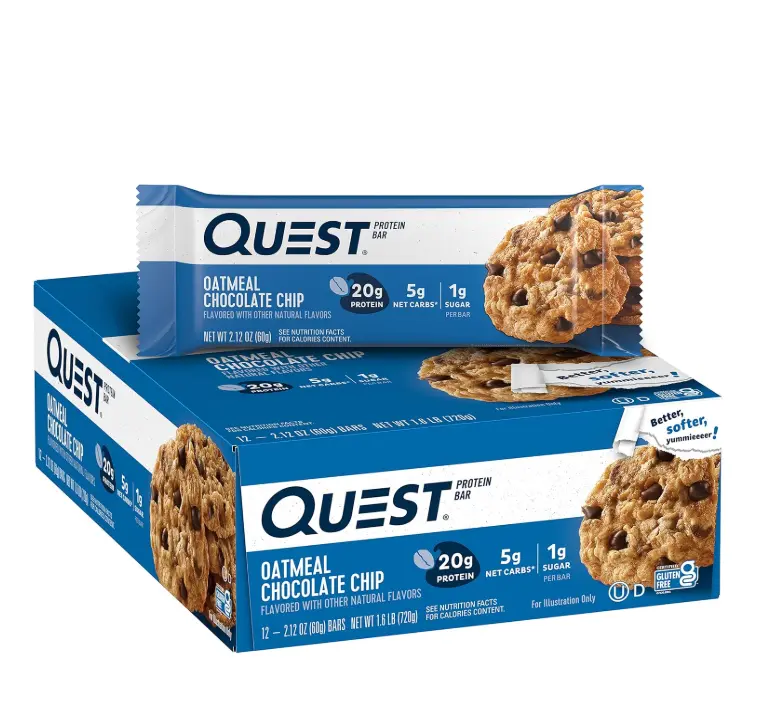 Quest Nutrition Oatmeal Chocolate Chip Protein Bars, 20g Protein, 1g Sugar, 5g Net Carb, Gluten Free, Keto Friendly, 12 Count