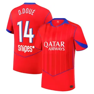 PSG D. Doué Red Color 3rd Soccer Jersey, PSG D. Doué Red 3rd Color Short Sleeve Soccer Jersey
