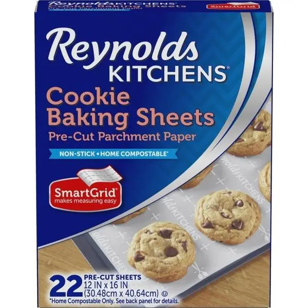 Reynolds Kitchens Pre-Cut Parchment Paper Cookie Baking Sheets, 22ct | 12 x 16 in, Fits Standard Size Cookie Sheets, Nonstick, Reusable Up To 3X, SmartGrid Lines, Oven Safe To 425F, Easy Cleanup