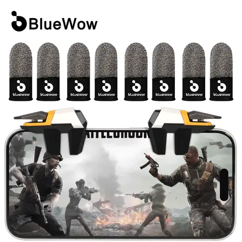 BlueWow Mobilegame 6-Finger ABS Esports Controller for Smartphones - Adjustable 6mm to 15mm Thick Stainless Steel-Copper Build, Silicone Thumb Grip, Clip-On Cooler, Holder Triggers, Anti-Slip Surface, Buttons, Finger Sleeves for iPhone/Android FPS Games