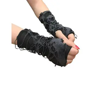 Vintage Dark Punk Ripped Hollow Gloves, Textured Stylish Hand Wear, Unique Cosplay Prop Accessory for Halloween Costume Party