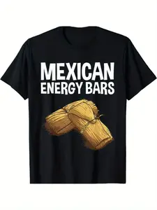 Men's Plus Size Mexican Energy Bars & Tropical Carnival Print T-Shirt - 100% Cotton Soft Breathable Fabric, Black & White Mexican-Themed Casual Short Sleeve Tee for Gym, Travel, Daily Wear - Regular Fit Playful Design Shirt, PLUS SIZE