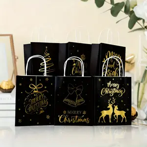 6-Pack Double-Sided Foil Stamped Fashion Tote Bags Christmas Eve Gift Bags Takeout Packaging Kraft Paper Holiday Gifts Party Accessories Decorative Small Durable Handbags High-Quality Event Planners