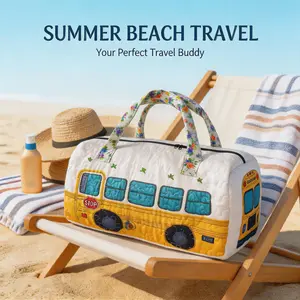 Viral Quilted School Bus Duffle Bag, 2 Sizes (16"/18") - Summer Travel & Weekender BagCute Quilted School Bus Shape Duffle Bag, Spacious Summer Vacation Travel Bag 16in/18in, Floral Handheld Strap Overnight Carryall Bag for Outdoor Beach Getaway