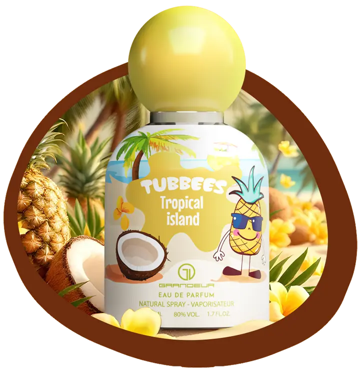 Grandeur Tubbees Tropical Island Eau De Parfum Spray | 1.7 oz (50ml) | Citrus, Almond, Jasmine, Coconut, Sandalwood, Vanilla, Musk Scent | Long Lasting Fragrance for Men and Women (Unisex)