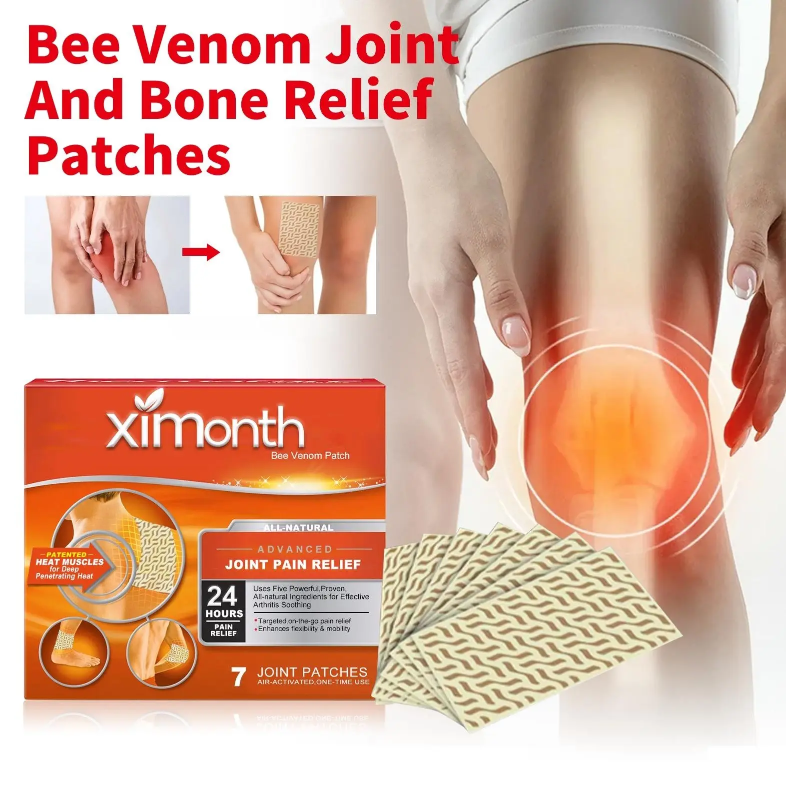 Bee Venom Joint and Bone Relief Patches – Natural Comfort with Herbal Extracts, Easy to Apply, Long-Lasting Warmth, 7 Count