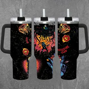 Stranger Things Hellfire Club 40oz Tumbler With Handle – Anime Gaming Stainless Steel Cup, Insulated Iced Coffee Mug, Aesthetic Design, Trendy Drinkware, Daily Use, Gift Idea, Fan Favorite, Gift For Otaku & Anime Fans