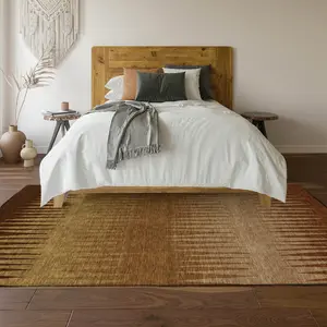 HomeRoots 670410 Strip Area Rug, 9x12 ft. Rust Copper & Beige Striped, Machine-Made Rectangle, Washable with UV Protection, Strip Area Rugs