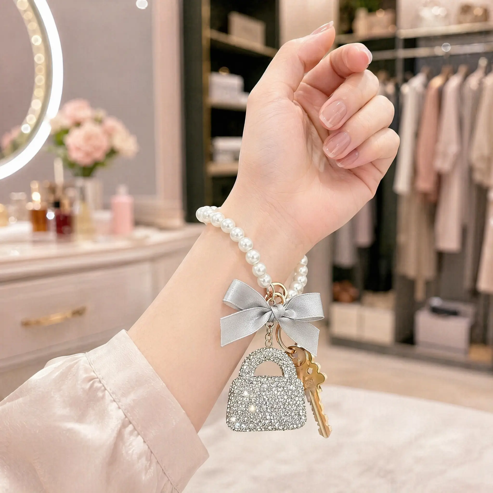 Stylish Rhinestone Bow Design Keychain, Exquisite Handbag Pendant for Ladies, Nice Holiday Present Accessory -MM2