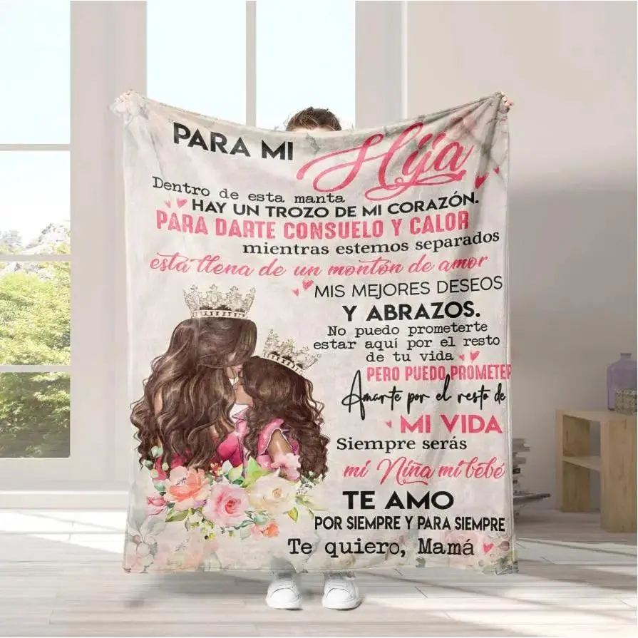 A heartfelt gift from a Spanish-speaking mom to her daughter: a soft and cozy birthday blanket featuring birthday wishes for her little girl. Perfect for bedrooms, living rooms, sofas, camping, and more. An ideal gift for friends and family.