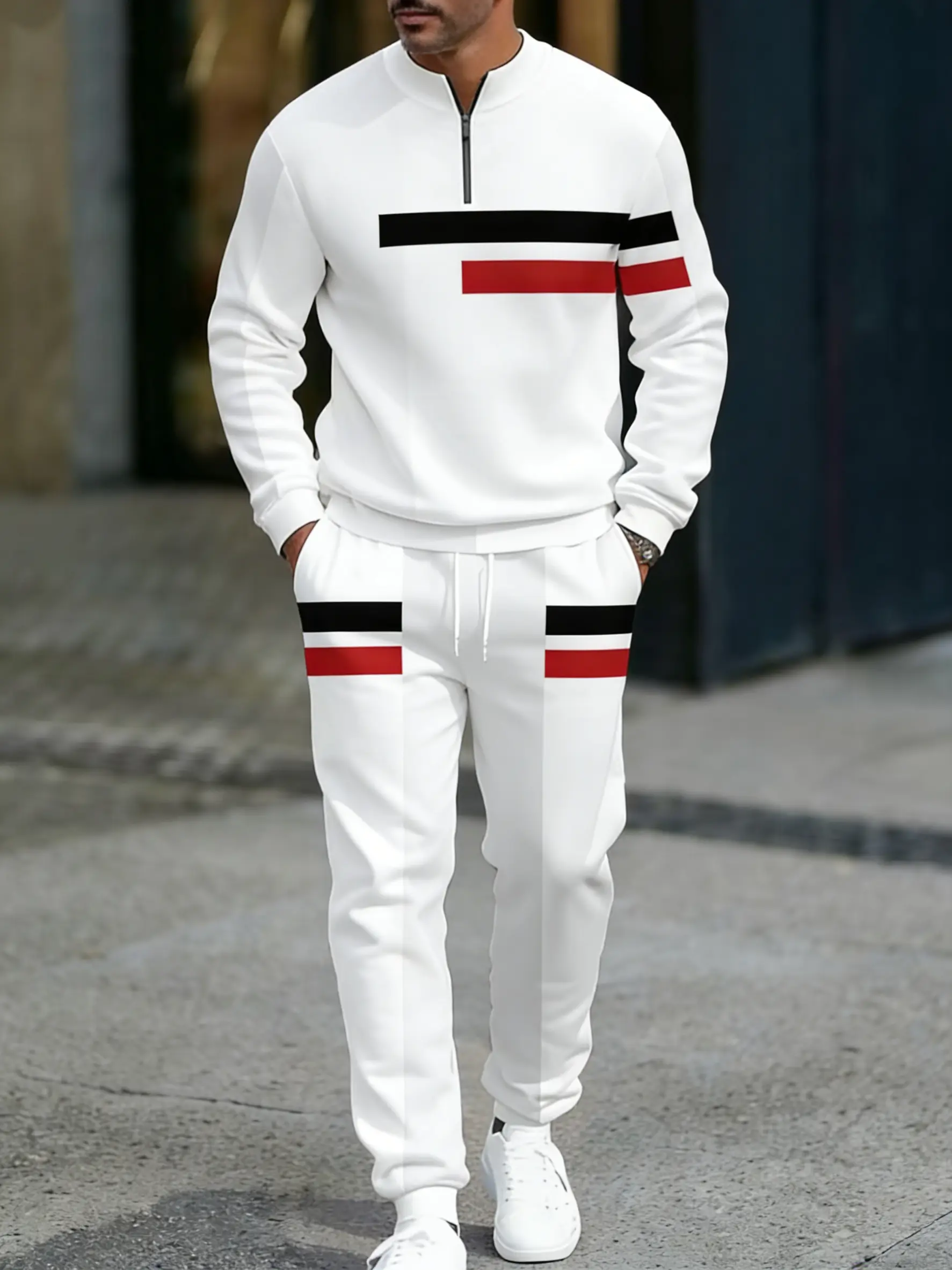 Men's Fashion Casual Zipper Stand Collar Long Sleeve Hoodie & Pants Set in Light Blue with White Stripes and Navy Blue Bottoms Men's Fashion Casual Zipper Stand Collar Long Sleeve Hoodie & Pants Set in Light Blue with White Stripes and Navy Blue Bottoms