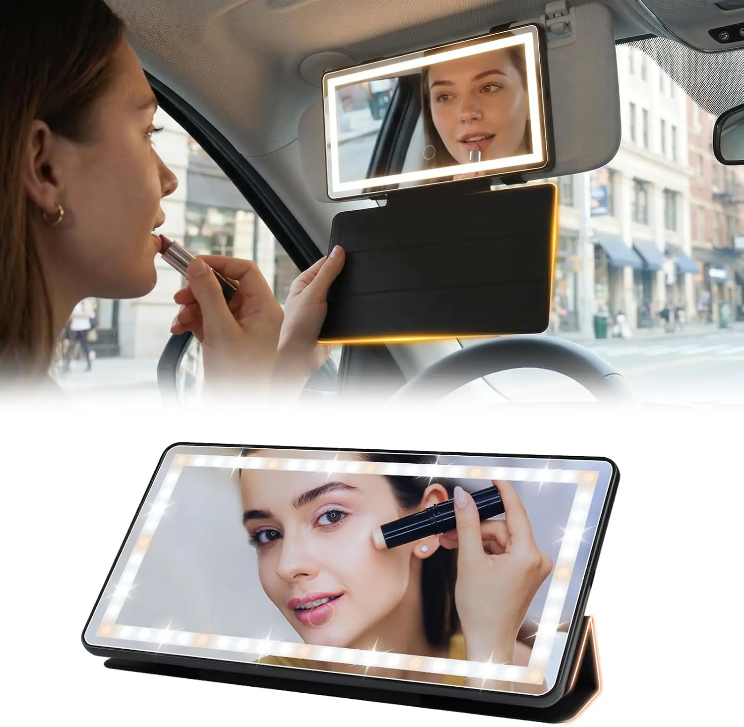Car Sun Visor Vanity Mirror with Protective Cover - LED Makeup Mirror, 3 Light Modes, Dual Rechargeable Dimmable Touch Control, Universal for Car Truck SUV