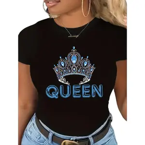 Blue Queen Crown Print Round Neck Short Sleeve T-Shirt for All Seasons