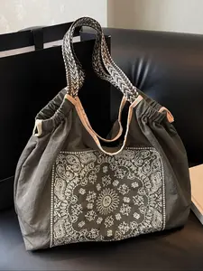 Women's Fashionable Colorblock Pattern Tote Bag, Fashionable Patterned Bag, Beige Bags, Casual Large Capacity Shoulder Bag for Daily Use, All-match Ladies Purse Bag for Commuting, Shopping, Travel, Casual Commuter Bag, Stylish Tote Bag